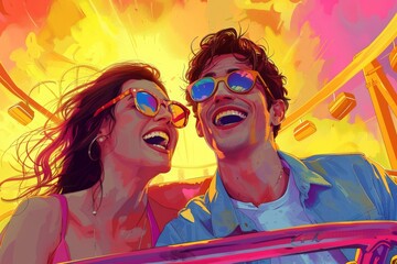Young couple enjoying thrilling roller coaster ride, laughing and expressing pure joy. Bright, colorful background with ferris wheel and vibrant sky. Celebrates love, happiness, and carefree moments.