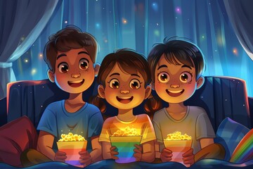 Three children, two boys and one girl, illuminated by popcorn glow, sit together on couch with rainbow-themed accessories. Dreamy magic and joy, symbolizing Pride Month's celebration and unity.
