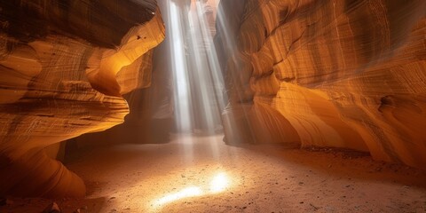 The sun shines through a hole in the cave, illuminating the cavern with a warm glow.