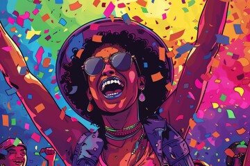 African-American woman in hat and sunglasses raises arms in celebration, surrounded by colorful confetti. joyful expression essence of Pride Month, celebrating love, diversity, and happiness.