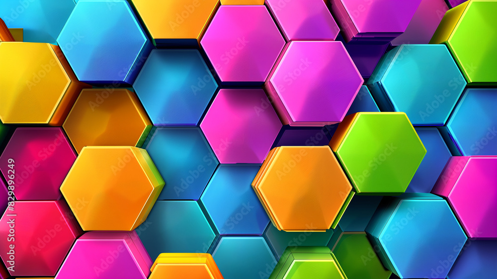 Poster a colorful image of many different colored hexagons. the colors are bright and vibrant, creating a l