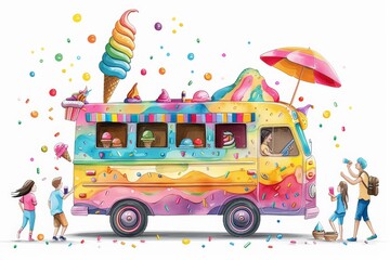 Whimsical ice cream truck with giant rainbow cone, colorful sprinkles, and happy children. Vibrant, playful embodies joy and celebration, highlighting diversity, unity, and LGBTQ+ pride in a cheerful,