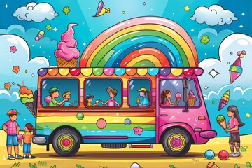 Colorful illustration of ice cream truck with rainbow design and happy people enjoying treats. Playful, joyful happiness, diversity, and unity, celebrating LGBTQ+ pride in a fun, whimsical manner.