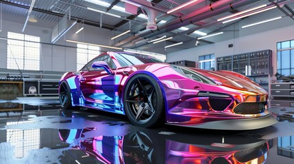 chameleon car wrap installation on sports car vinyl vehicle wrapping process 3d illustration