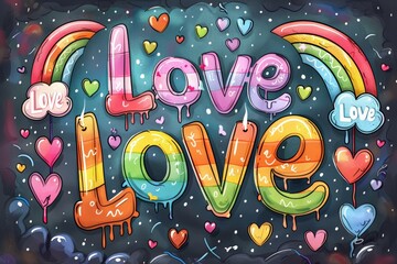 Rainbow-themed "Love is Love" illustration with colorful hearts and decorative elements. Playful and vibrant design love, acceptance, celebrating LGBTQ+ pride in an artistic and joyful manner.