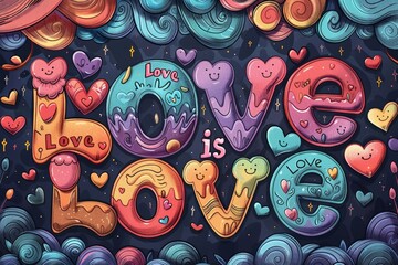 Bright and colorful illustration with "Love is Love" text decorated with happy faces and hearts. Vibrant colors and whimsical design celebrate love. emphasizing LGBTQ+ pride.