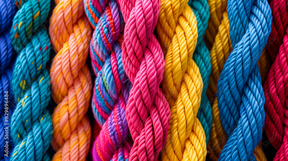 Poster a row of colorful ropes are displayed in a store. the colors are bright and vibrant. the ropes are a