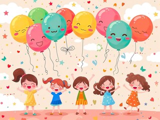 A group of children are playing with balloons. Poster for World Children's Day