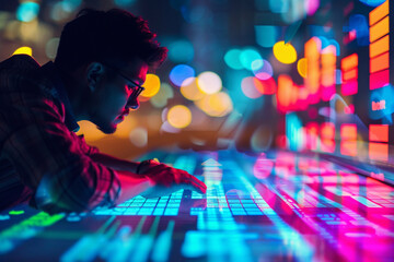 A focused individual works on a futuristic digital interface, surrounded by vivid, colorful lights and holographic data displays at night.