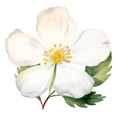 Fototapeta premium White anemone flower illustration with green leaves transparent background