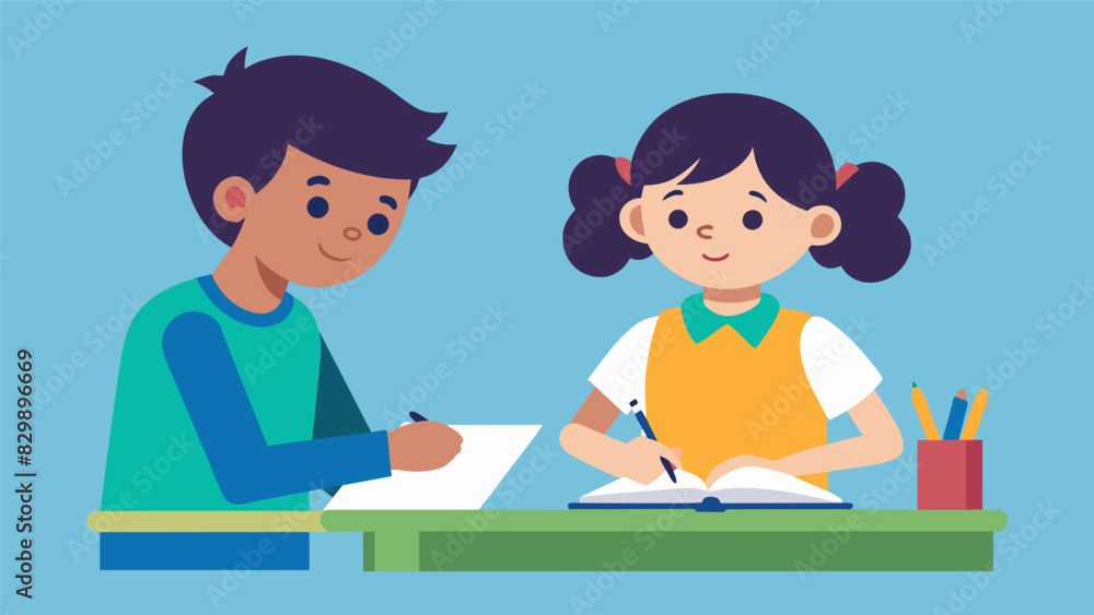 Poster one student sitting at their desk odically sharpening pencils while another opens up their notebook 