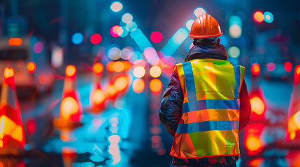 Construction worker in reflective vest and hard hat at night, illuminated by city lights and traffic cones, ensuring safety during roadwork.