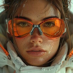 A woman with orange glasses and a white jacket