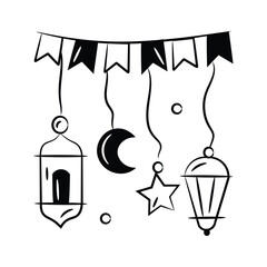 Vintage lantern and stars with garlands showing concept vector of ramadan decoration