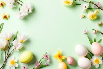 easter background with eggs and flowers