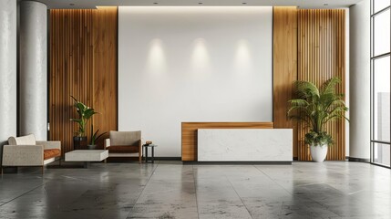 comfortable office lobby interior with blank white wall waiting area mockup