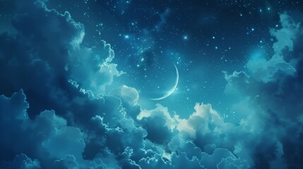 a crescent with blue clouds and a star in the sky, in the style of detailed dreamscapes, realistic usage of light and color,
