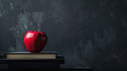 A red apple sitting on top of a stack of books on top of a black table next to a gray wall.