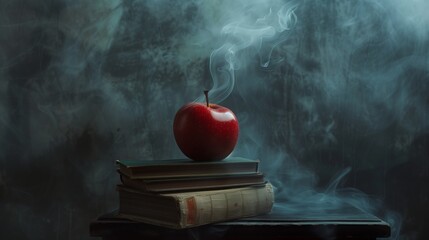 A red apple sitting on top of a stack of books on top of a black table next to a gray wall with smoke coming out of the back of it.