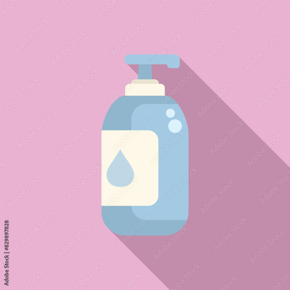 Poster flat design icon of a blue liquid soap dispenser with pump on a pink background