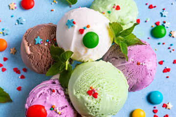 Various ice cream scoops with sprinkles