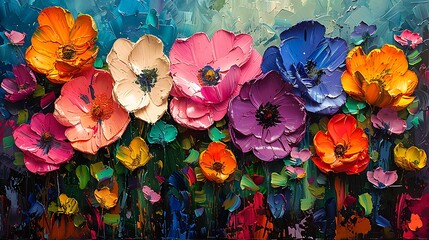 Abstract expressionism floral design, vibrant and rich colors, bold brushstrokes, dynamic floral arrangement, energetic patterns, bright reds, greens, and blues
