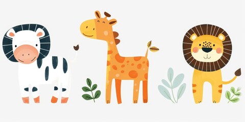 Cute cartoon african animals. Lion, zebra and giraffe. Vector illustration for kids.