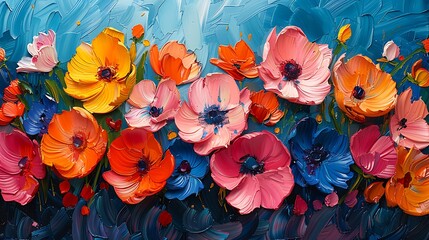 Abstract expressionist floral design, vibrant colors, bold brushstrokes, dynamic composition, flowers in full bloom, energetic patterns, bright oranges
