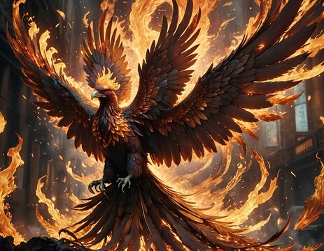 A gorgeous eyecatching majestic phoenix reborn from ashes in a blaze of flames.