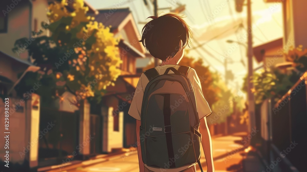 Wall mural cute anime boy with backpack walking to school manga style illustration digital art - Wall murals