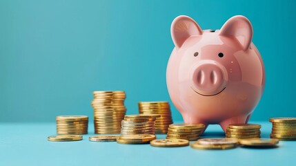 cute piggy bank with gold coins stack investment success concept blue background