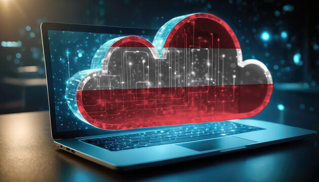 An image of a laptop with a cloud icon featuring the Austria flag, symbolizing the significance of cloud services in the Austria technology sector
