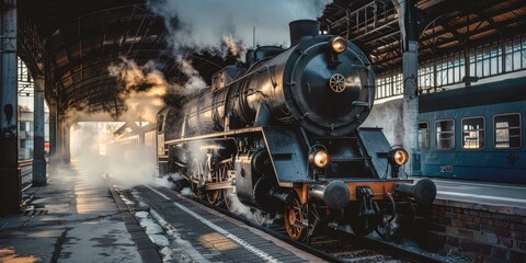 Locomotive with steam and smoke at the station