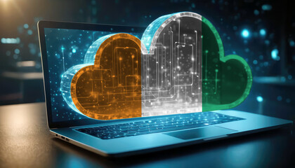 An image of a laptop with a cloud icon featuring the Cote d'Ivoire flag, symbolizing the significance of cloud services in the Cote d'Ivoire technology sector