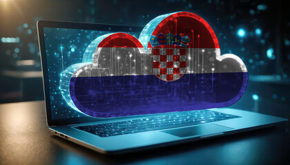 An image of a laptop with a cloud icon featuring the Croatia flag, symbolizing the significance of cloud services in the Croatia technology sector