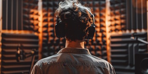 Man in headphones in soundproof room