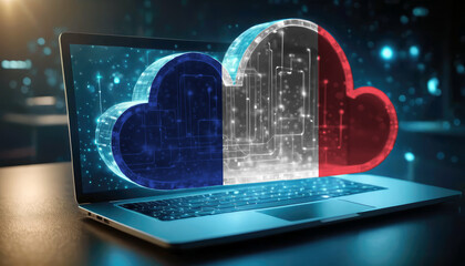 An image of a laptop with a cloud icon featuring the France flag, symbolizing the significance of cloud services in the France technology sector