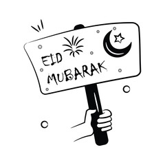 Hand holding eid mubarak banner doodle style icon, editable design
