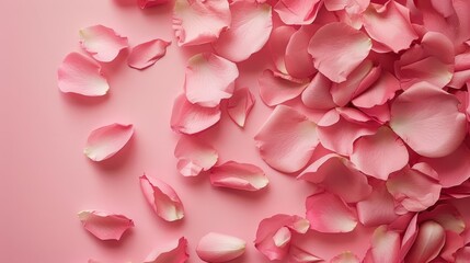 Obraz premium delicate rose petals scattered on pink background romantic wedding or valentines day floral design illustration