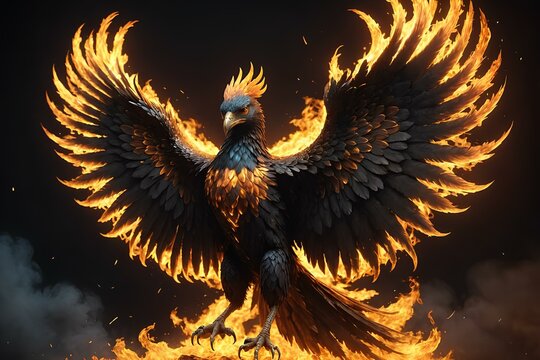 A gorgeous eyecatching majestic phoenix reborn from ashes in a blaze of flames.