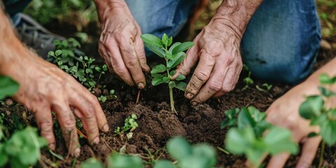 Planting a tree, close-up of hands