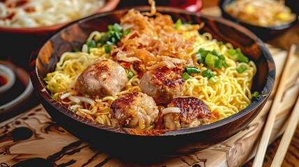 Golden egg noodles and tender chicken slices are topped with savory bakso meatballs. Generative Ai