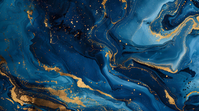 Blue marble and gold abstract background texture. Indigo ocean blue marbling illustration. Generative AI.