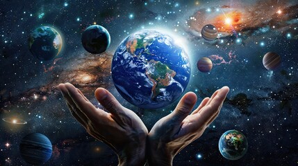 A sphere of earth floating in hands, many planets around it, universe background