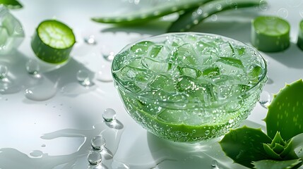 Obraz premium A natural and organic background with a transparent bowl of clear, flowing gel or juice made from fresh aloe vera leaves on the right side, surrounded by small bubbles and droplets for an elegant pres