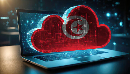 An image of a laptop with a cloud icon featuring the Tunisia flag, symbolizing the significance of cloud services in the Tunisia technology sector