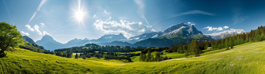 Bergpanorma, berge in den Alpen im Sommer im Sonnenschein, Frische Wiesen, Alm, Urlaub, Ferienlandschaft, berg, himmel, natur, Alm, Alpen, panorama, wiese, sommer, feld, land	
