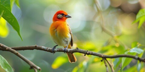 Fototapeta premium A beautiful bird with red, orange, and yellow feathers is perched on a branch.