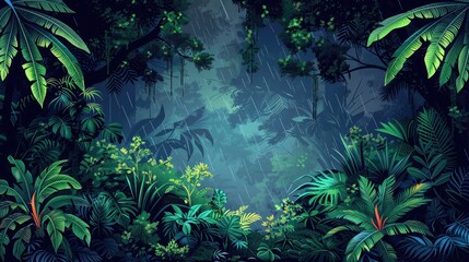 [flat 2d vector illustration of the rainforest, tropical style, made of plants, darker around edges, blacker background, darker background, no bloom, no glow, 