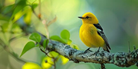 Fototapeta premium A beautiful yellow bird is perched on a branch. The bird is surrounded by green leaves.